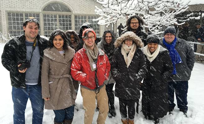 Students gather in the snow before heading out to cover the candidates in New Hampshire's run-up to the primary. Photo by Gary Labella